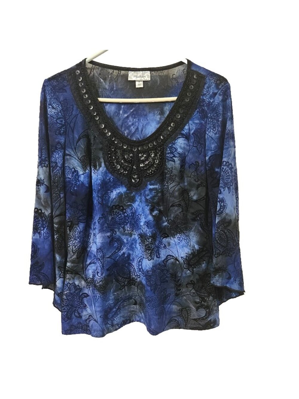 Dressbarn Women’s Medium Paisley Print Beaded Scoop Neck Detail Long Sleeve Top